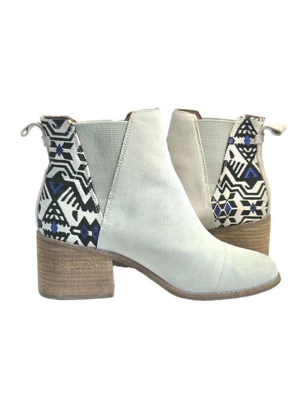 TOMS Ankle Boots Women Size 10 Esme Suede Aztec Birch White 2.5" Heel EUC